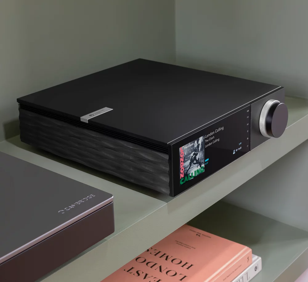 Evo in a lifestyle setting with a turntable and books